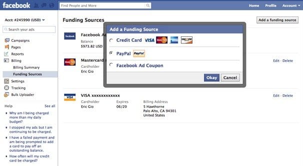 payment method on Fb