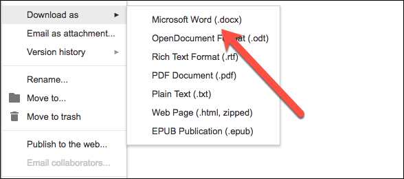 Click the “Download As” menu, and then click the “Word Document (.docx)” option.