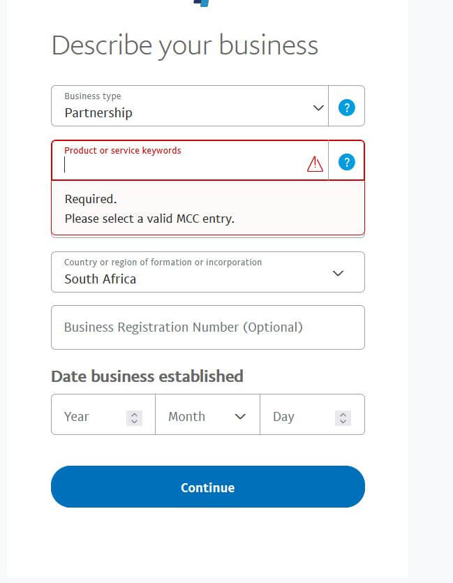 paypal set up form