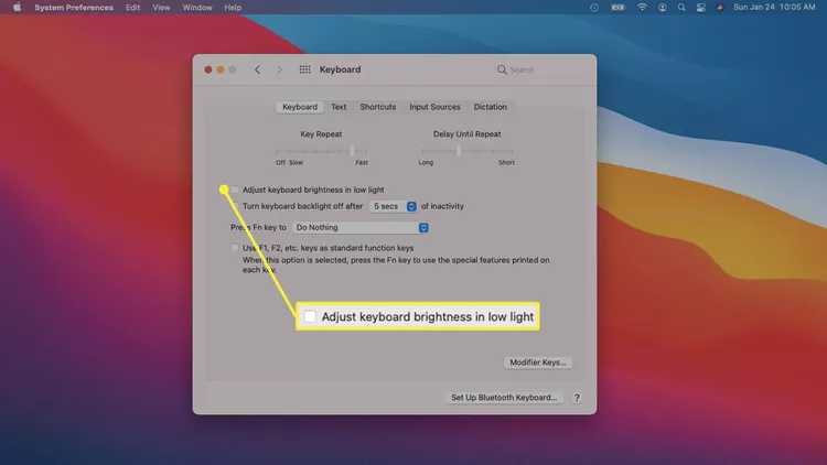 Adjust keyboard light in low light box.