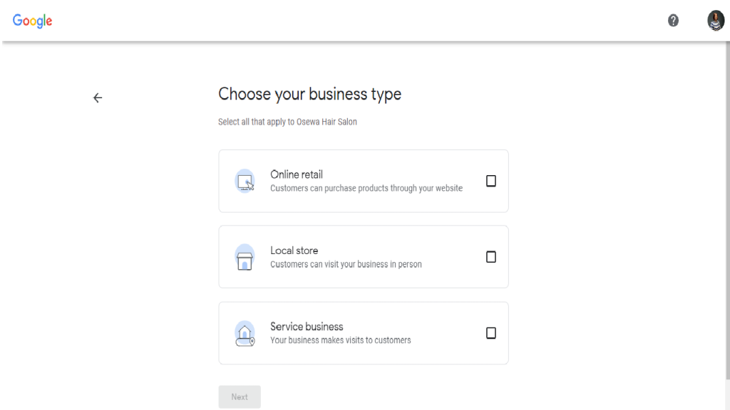 Google business type